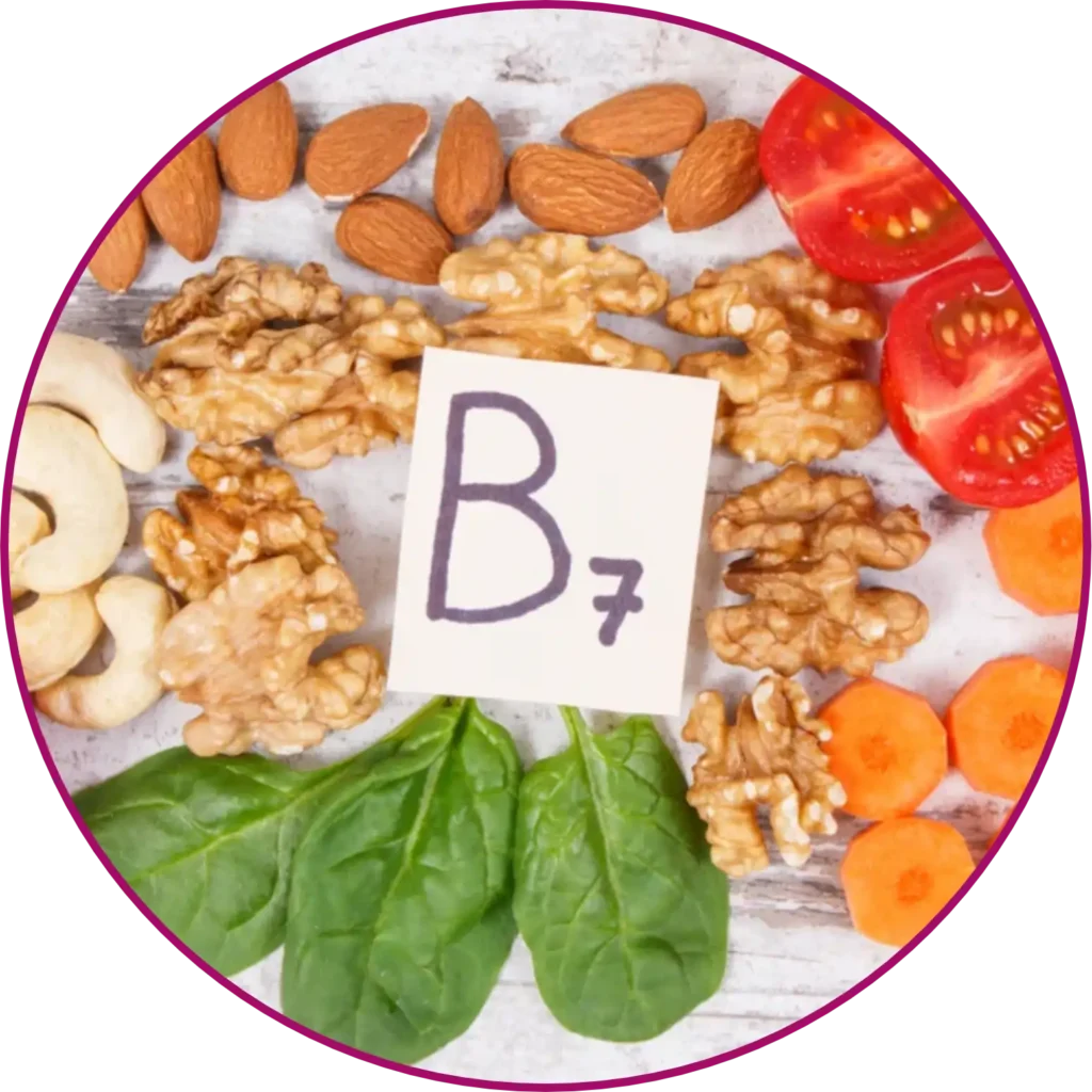 A Biotina melhora a saúde da pele, prevenindo problemas dermatológicos. Fortalece cabelos e unhas, prevenindo queda de cabelo e unhas quebradiças.