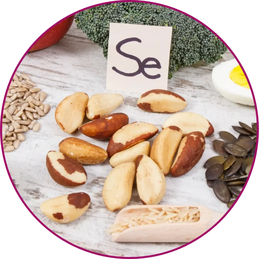 O Selênio é um potente antioxidante que protege a pele contra danos oxidativos, mantém a elasticidade da pele e promove o crescimento saudável dos cabelos e unhas.